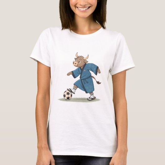 Bull playing soccer in karate kimono t-shirt (Voorkant)