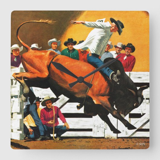 Bull Riding door Fred Ludekens Vierkante Klok (Voorkant)