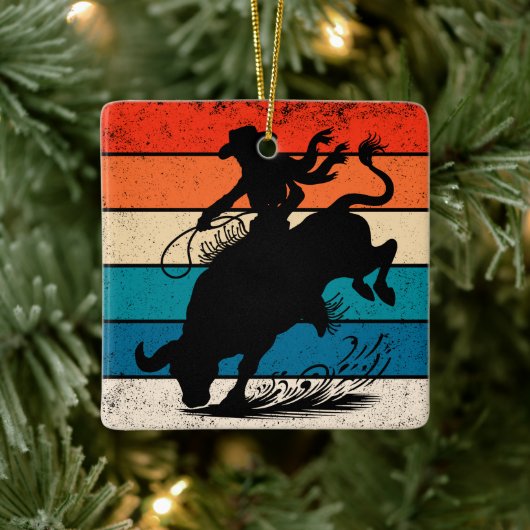 Bull Riding Rodeo Bull Riders Westerne Ranch Retro Keramisch Ornament (Boom)