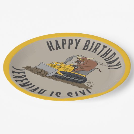 Bull rijden bulldozer verjaardag gepersonaliseerd papieren bordje (Gekanteld)