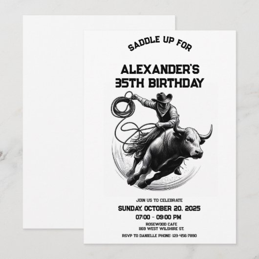 Bull Rodeo Verjaardag Uitnodiging, Cowboy Verjaard Kaart (Voorkant / Achterkant)
