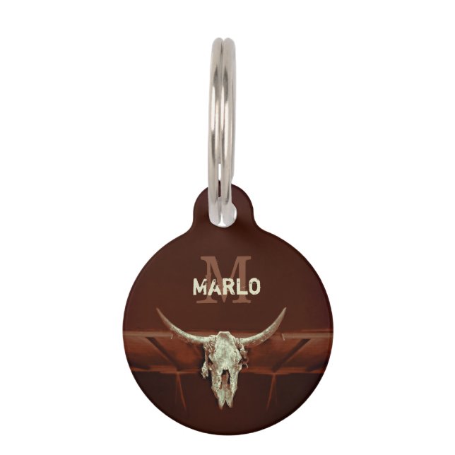 Bull Skull Brown Land Rustisch Western Monogram Huisdierpenning (Voorkant)
