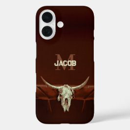 Bull Skull Brown Monogram Rustisch Western Land iPhone 16 Hoesje