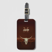 Bull Skull Brown Monogram Western Rustisch Land Bagagelabel (Voorkant (verticaal))