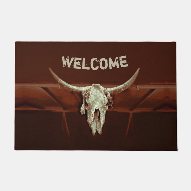 Bull Skull Brown Rustic Western Land Wecome Deurmat (Voorkant)