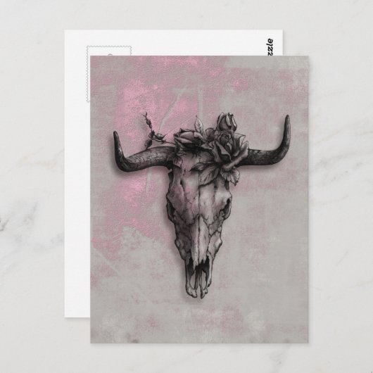 Bull Skull en Roos en grijze roze Abstracte kunst Briefkaart (Voorkant / Achterkant)