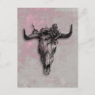 Bull Skull en Roos en grijze roze Abstracte kunst Briefkaart