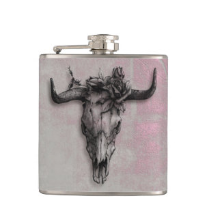 Bull Skull en Roos Rustic Pink Grey Heupfles