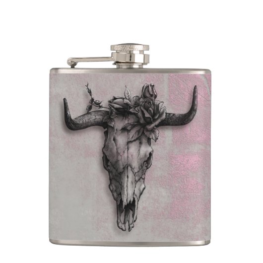 Bull Skull en Roos Rustic Pink Grey Heupfles (Voorkant)