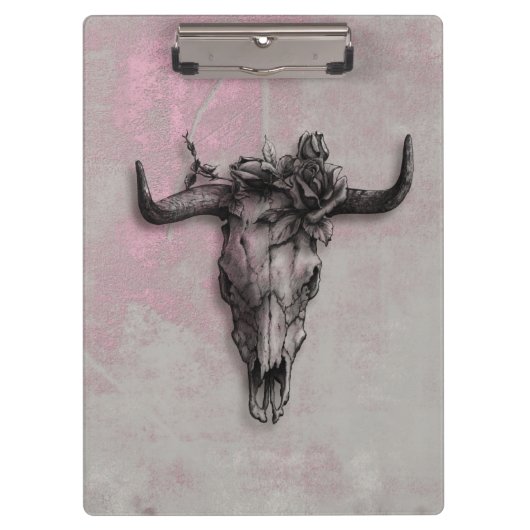Bull Skull en Roos Rustic Pink Grey Klembord (Voorkant)