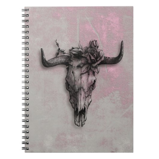 Bull Skull en Roos Rustic Pink Grey Notitieboek (Voorkant)