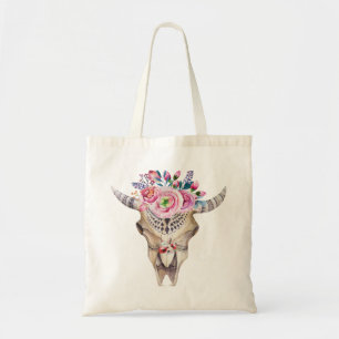 Bull Skull & Flowers Waterverf Illustratie Tote Bag