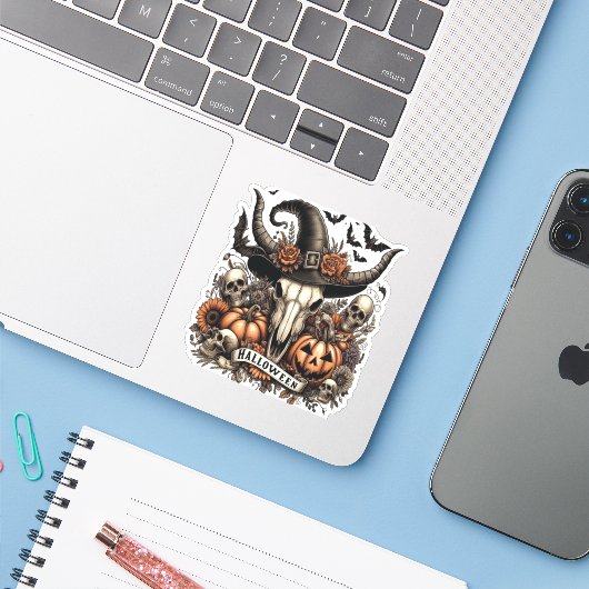 Bull Skull Halloween Koe Sticker (Laptop met iPhone)