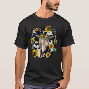 Bull Skull Leopard Koeienhuid Sunflower Western T-shirt