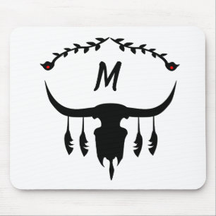 Bull Skull met Black Feathers Silhouette Muismat