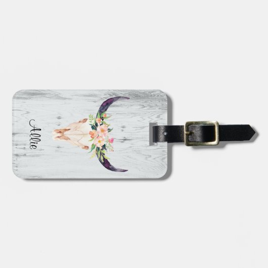 Bull Skull met roze bloemen Bagagelabel (Voorkant horizontaal)