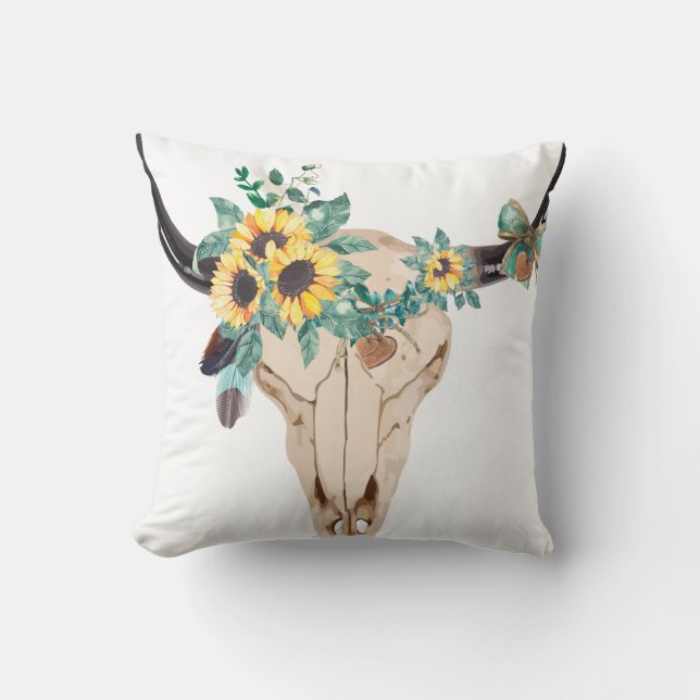 Bull Skull Sunflowers Kussen (Voorkant)