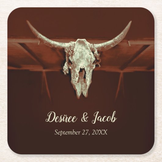 Bull Skull Wedding Rustic Brown Land Western Kartonnen Onderzetters (Voorkant)