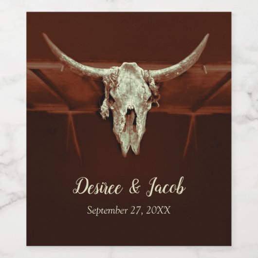 Bull Skull Wedding Rustic Brown Land Western Wijn Etiket (Enkel label)