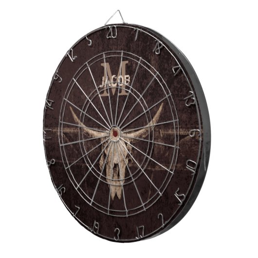 Bull Skull Western Bruin Beige Old Rustige Monogra Dartbord (Voorkant Rechts)