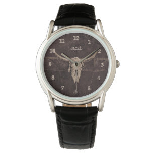 Bull Skull Western Land Brown beige Old Rustic Horloge
