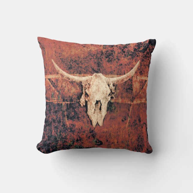 Bull Skull Western Land Brown Black Rustige Art Kussen (Voorkant)