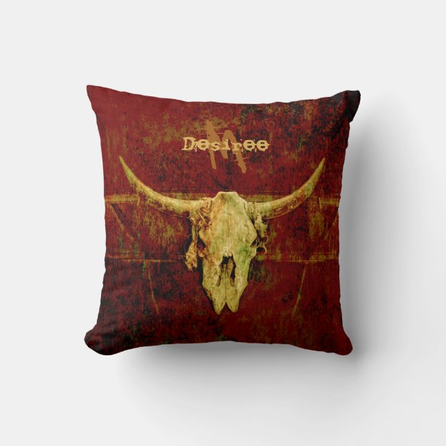 Bull Skull Western Land Brown Rustige Monogram Kussen (Voorkant)