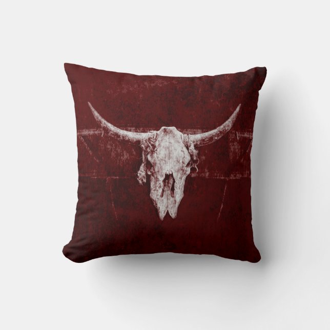 Bull Skull Western Land Burgundy Red Old Rustic Kussen (Voorkant)