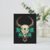 Bull Sugar Skull met Blauwgroen Rozen op zwart Briefkaart (Staand voorkant)
