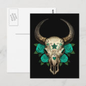 Bull Sugar Skull met Blauwgroen Rozen op zwart Briefkaart (Voorkant / Achterkant)