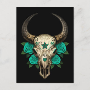 Bull Sugar Skull met Blauwgroen Rozen op zwart Briefkaart