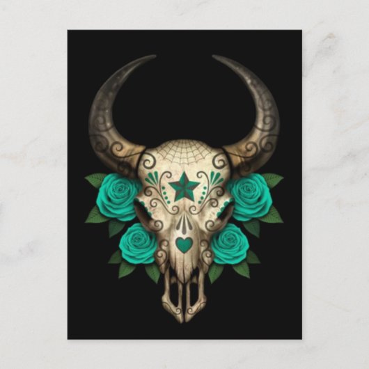 Bull Sugar Skull met Blauwgroen Rozen op zwart Briefkaart (Voorkant)