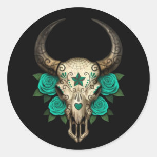 Bull Sugar Skull met Blauwgroen Rozen op zwart Ronde Sticker