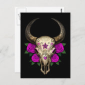 Bull Sugar Skull met Paarse Rozen op zwart Briefkaart (Voorkant / Achterkant)