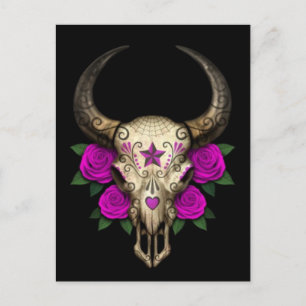 Bull Sugar Skull met Paarse Rozen op zwart Briefkaart