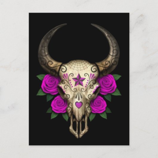 Bull Sugar Skull met Paarse Rozen op zwart Briefkaart (Voorkant)