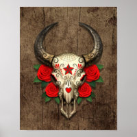 Bull Sugar Skull met rode rozen op hout