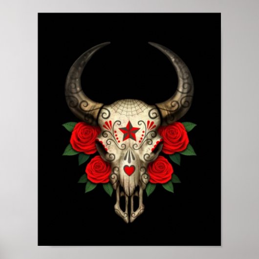 Bull Sugar Skull met rode rozen op zwart Poster (Voorkant)