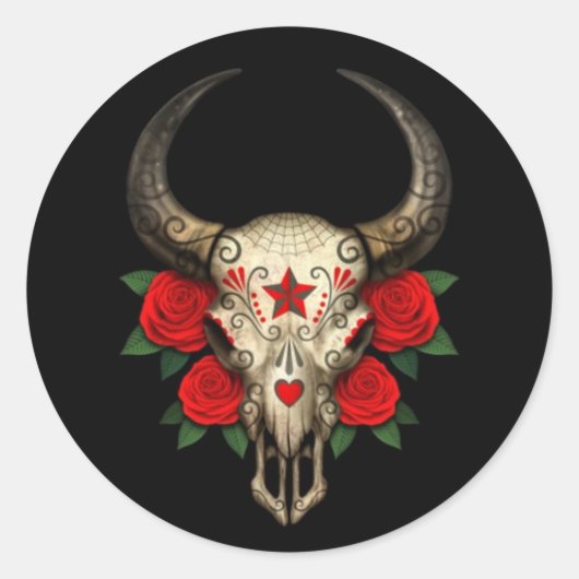 Bull Sugar Skull met rode rozen op zwart Ronde Sticker (Voorkant)