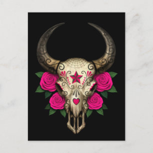 Bull Sugar Skull met roze rozen op zwart Briefkaart