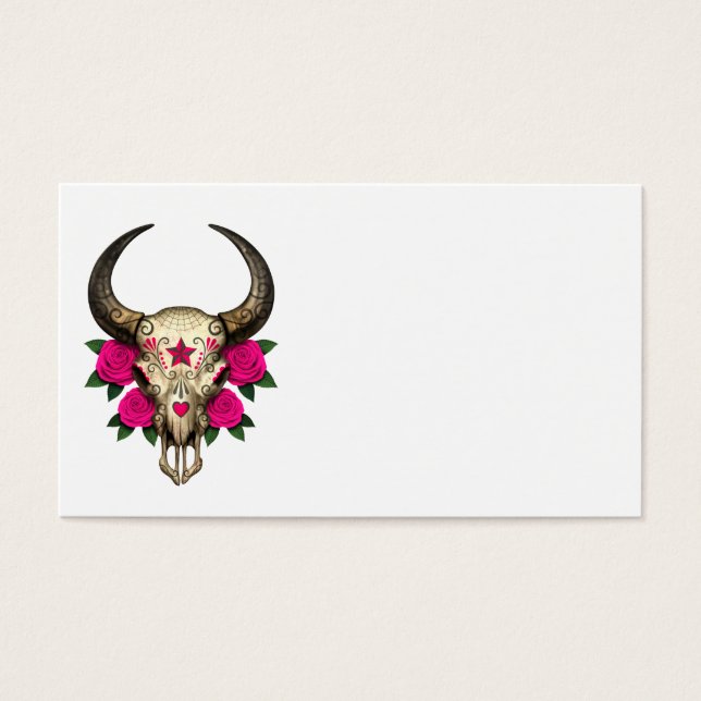Bull Sugar Skull met roze rozen Visitekaartjes (Voorkant)