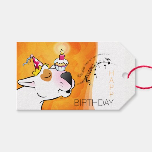 Bull Terrier Cartoon "Happy Birthday" Label Cadeaulabel (Voorkant (Horizontaal))