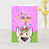 Bull Terrier Cartoon Kaart "Happy Birthday" (Gele Bloem)