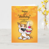 Bull Terrier Cartoon Kaart "Happy Late Verjaardag" (Gele Bloem)