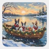 Bull Terrier Christmas Boat Holiday Vierkante Sticker (Voorkant)