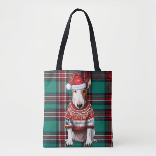 Bull Terrier Christmas Dog Green Seasonal Plaid Tote Bag (Voorkant)