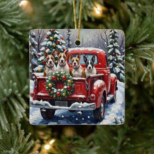 Bull Terrier Christmas Red Truck Holiday Keramisch Ornament (Boom)
