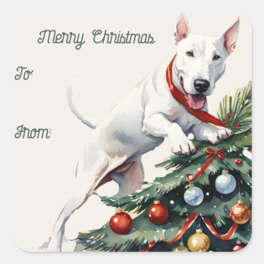 Bull Terrier & Christmas Tree Gift Label Sticker (Voorkant)