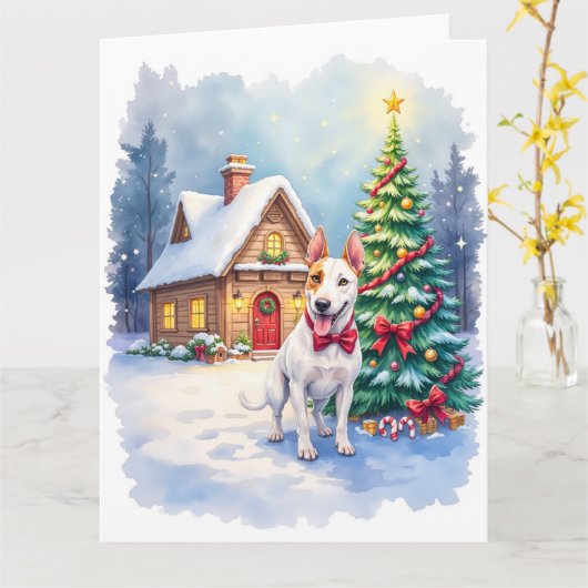 Bull Terrier Cozy Cottage Christmas Tree Art Kaart (Gele Bloem)