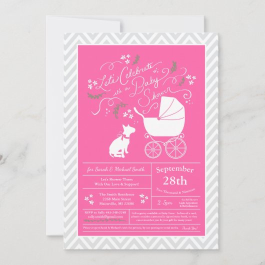 Bull Terrier Dog Baby shower Pink Girl Kaart (Voorkant)